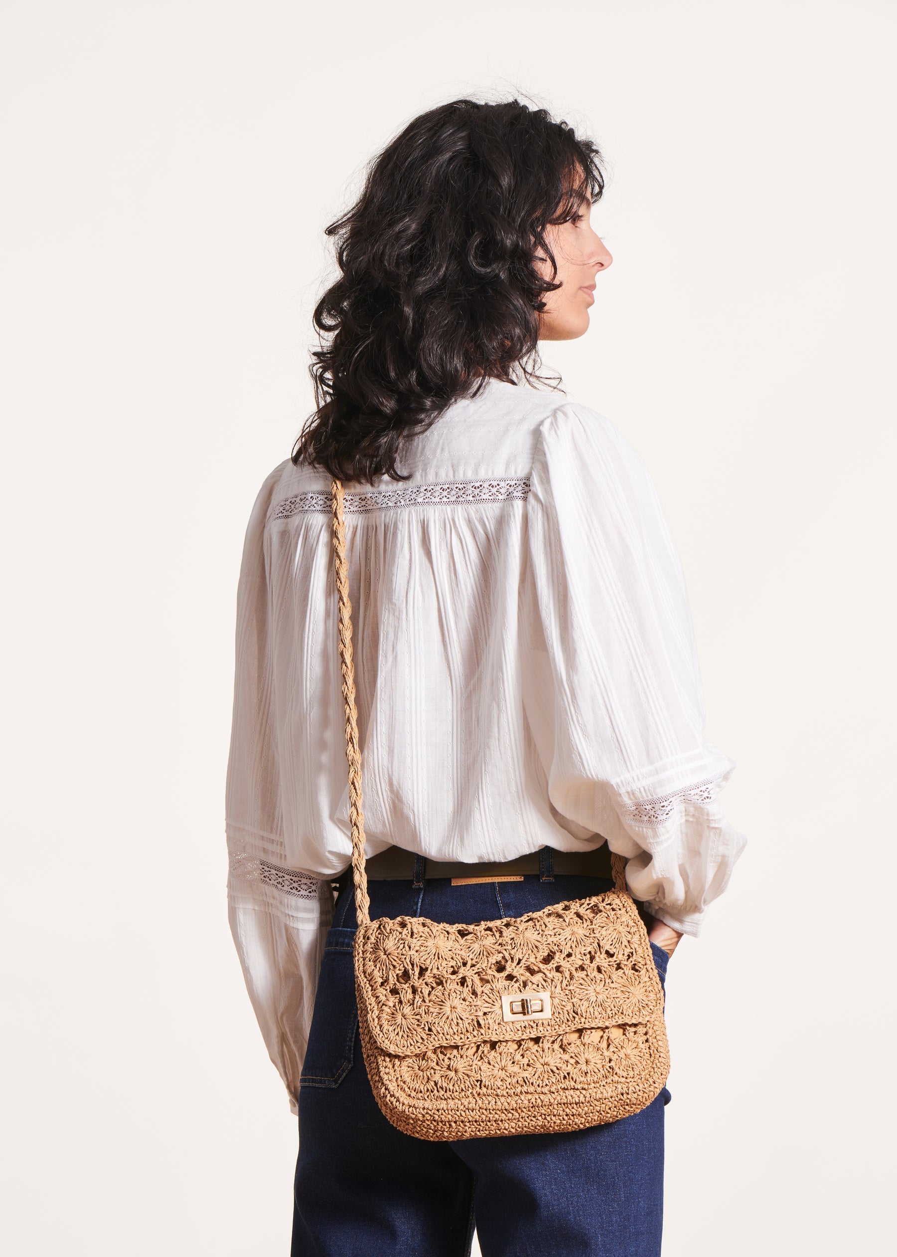 Sac bandoulière effet raphia beige