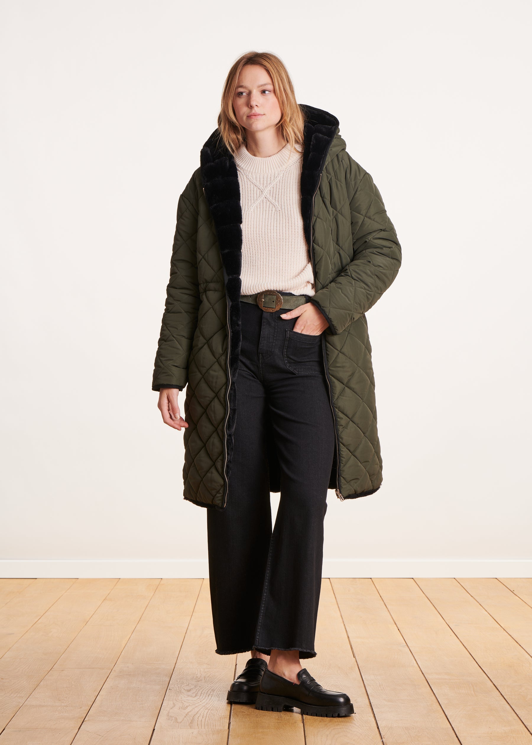 Doudoune kaki longue réversible à capuche