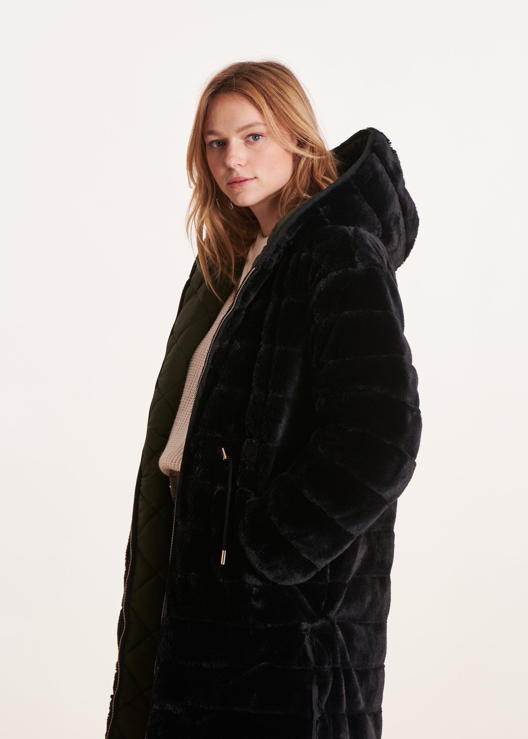 Doudoune kaki longue réversible à capuche