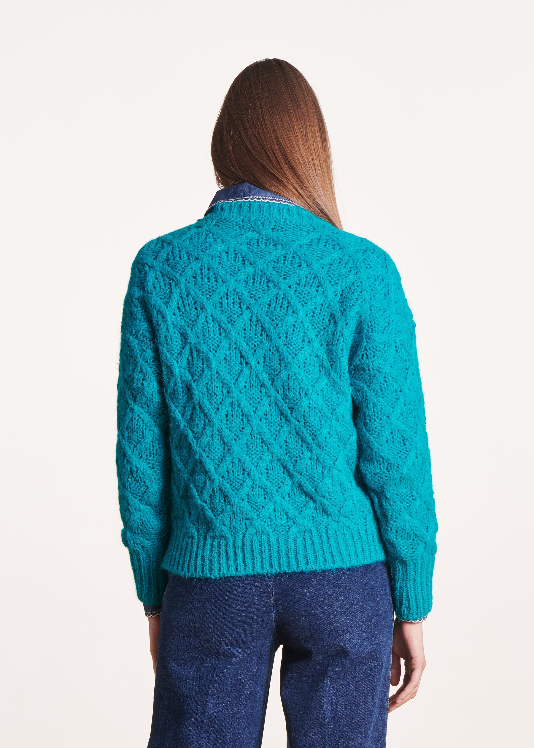 Pull turquoise col rond maille fantaisie
