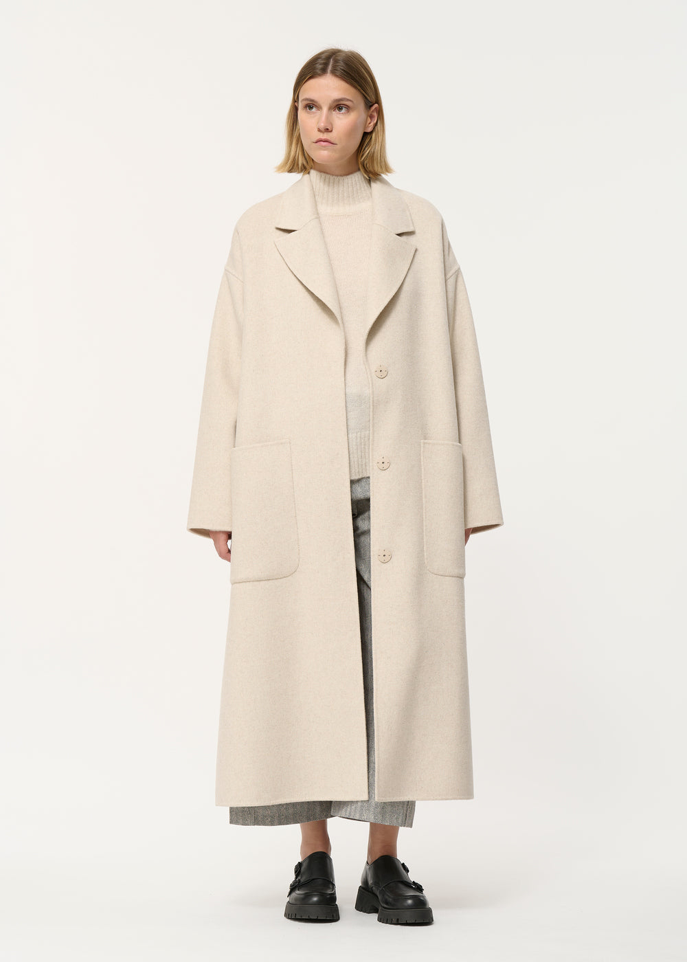 Manteau beige long ample et col tailleur  - OFF WHITE#couleur_OFF WHITE