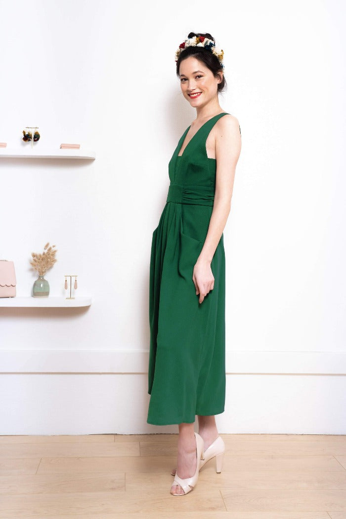 La Pétillante Midi Vert-L'AMUSÉE-col V,dentelle,dos nu,polyester,robe,robe d'été,robe mi-cuisses