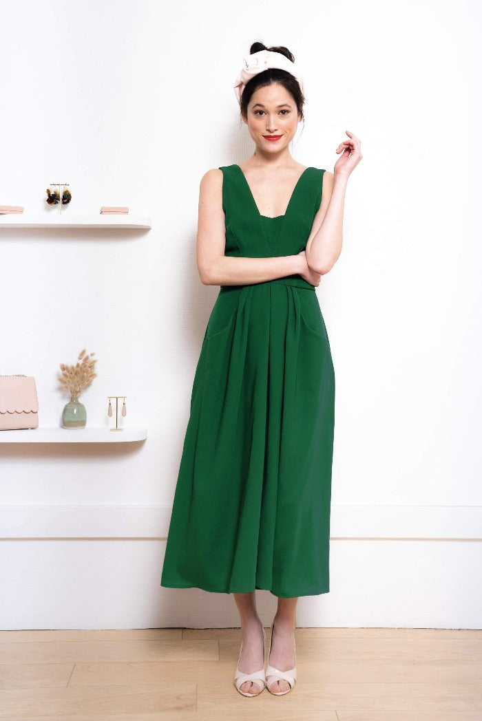 La Pétillante Midi Vert-L'AMUSÉE-col V,dentelle,dos nu,polyester,robe,robe d'été,robe mi-cuisses