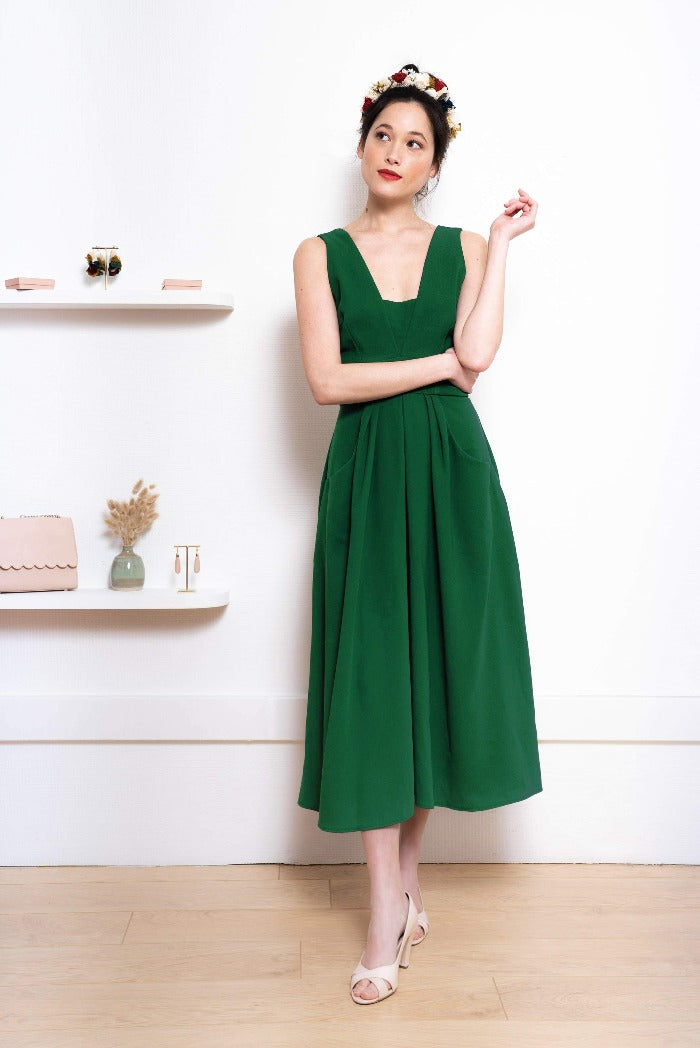 La Pétillante Midi Vert-L'AMUSÉE-col V,dentelle,dos nu,polyester,robe,robe d'été,robe mi-cuisses